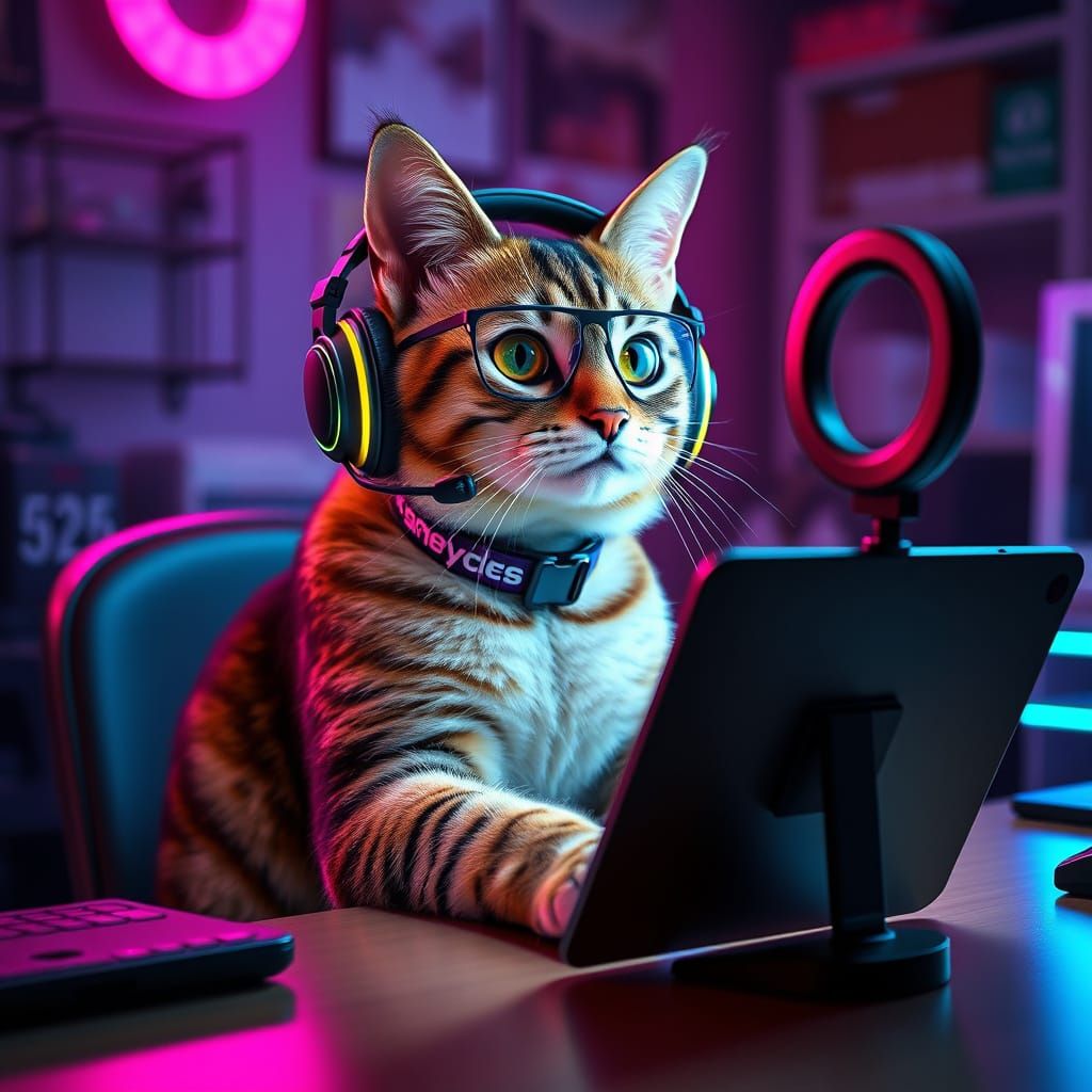 Tech Cat Records Gaming Video in Neon Style