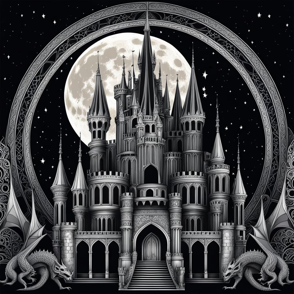 Gothic Castle with Dragon and Skull Under Moonlight