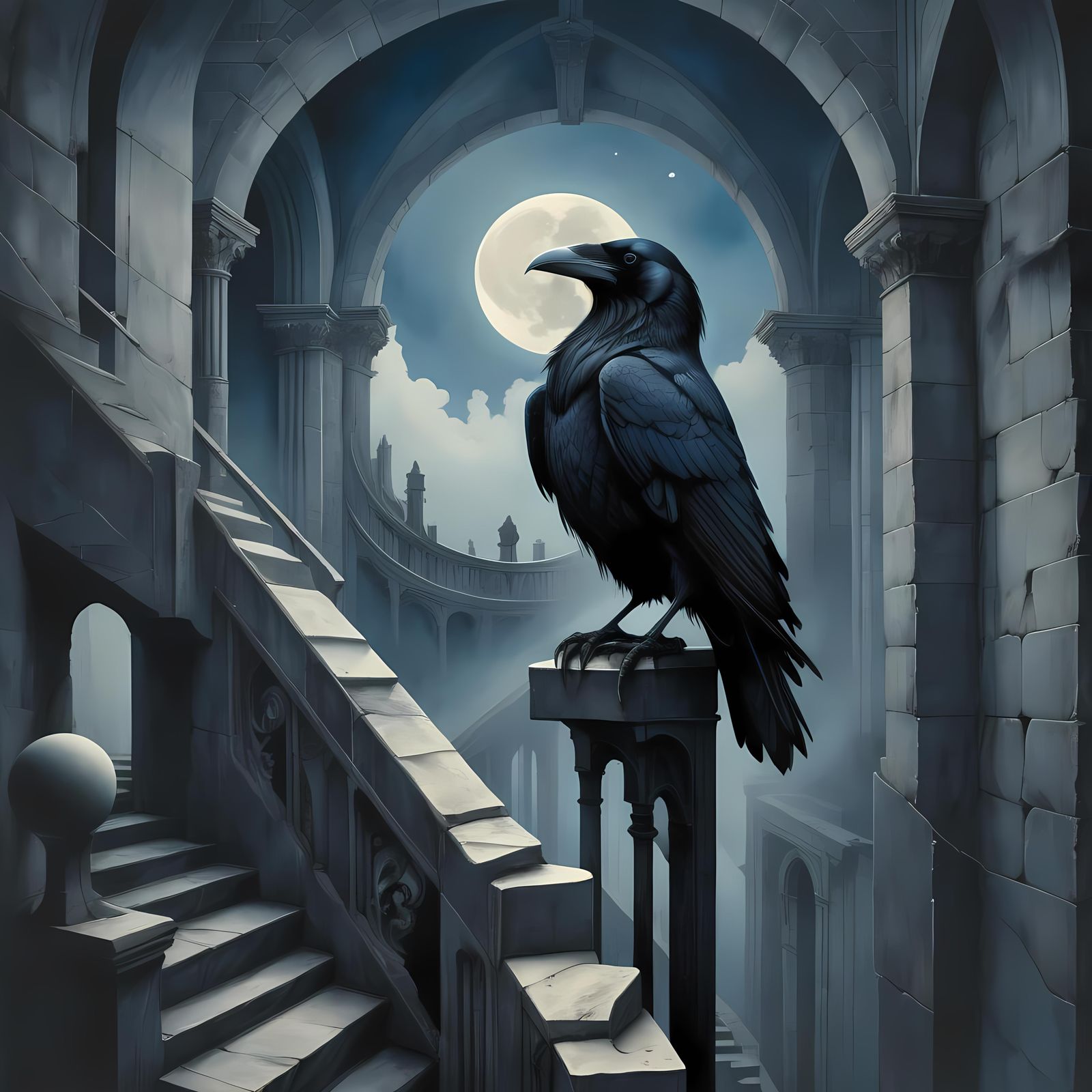 Gothic Raven in Escher-esque Mixed Media Art