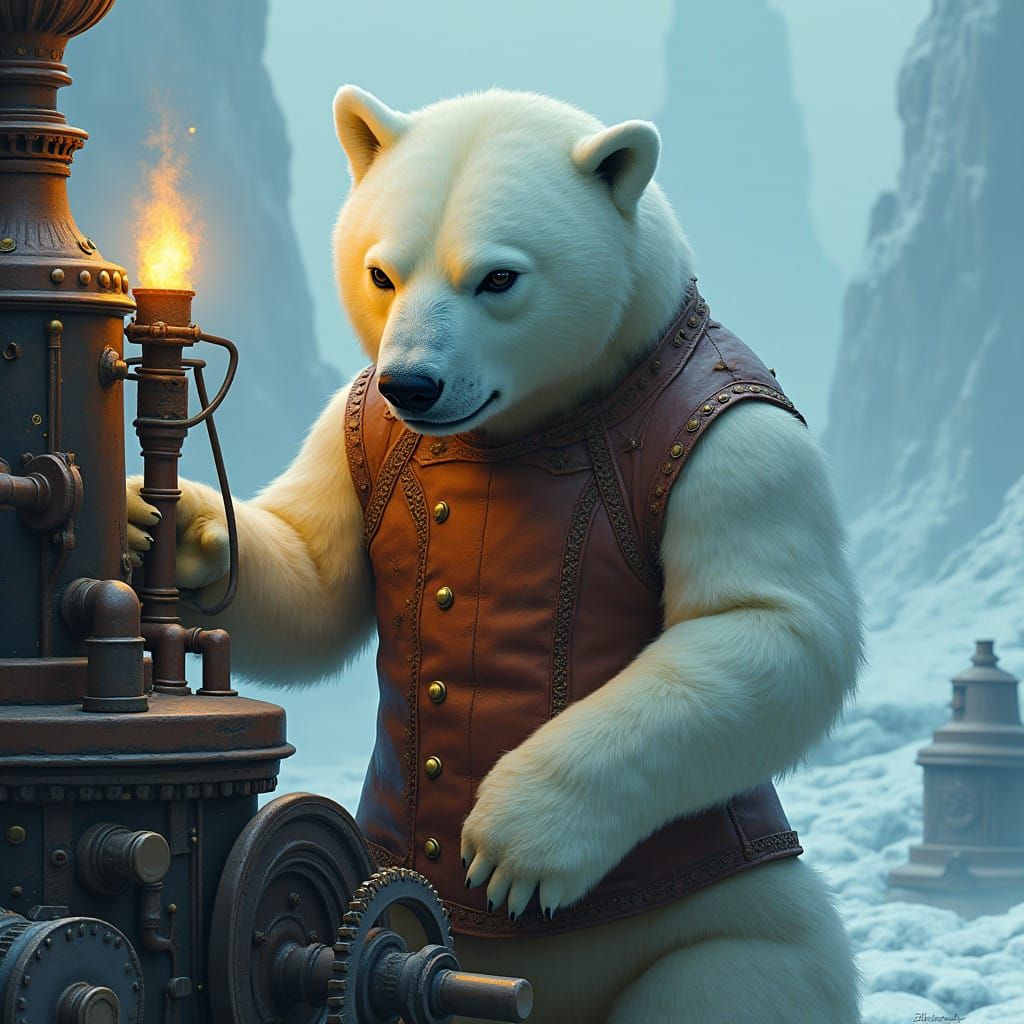 Polar Bear in Industrial Steampunk Gearhouse