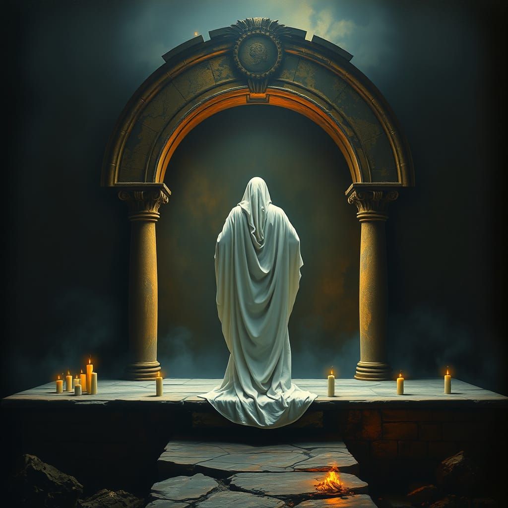 Figure at Ancient Altar, Offerings to the Gods