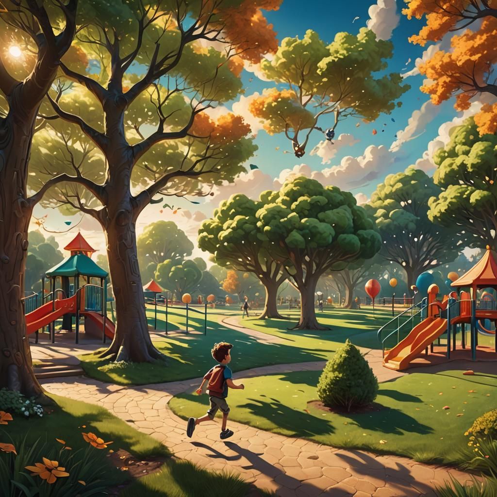 Cartoon Boy Running in a Vibrant Playground