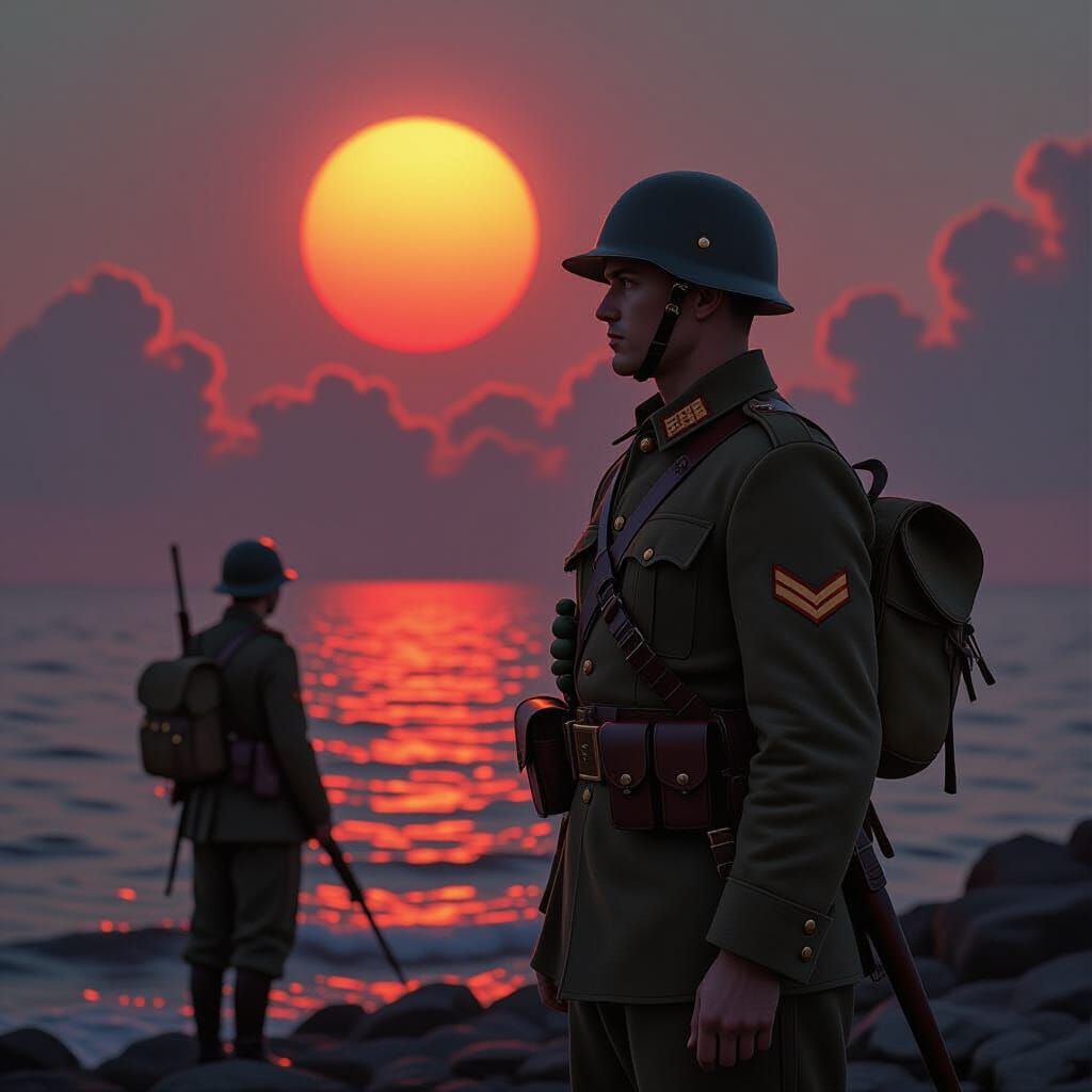 WWI Soldiers at Dusk Under Giant Red Sun