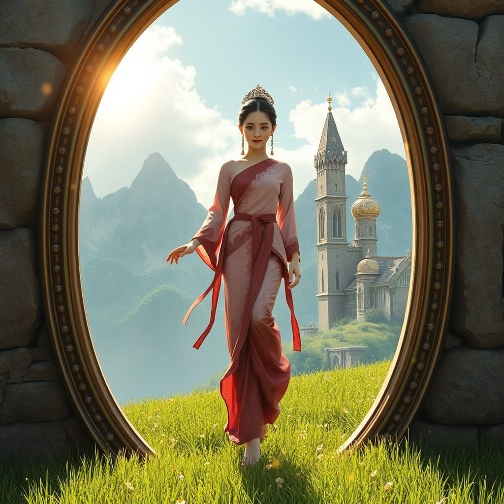 Asian Woman Emerges from Mirror in Anime Style