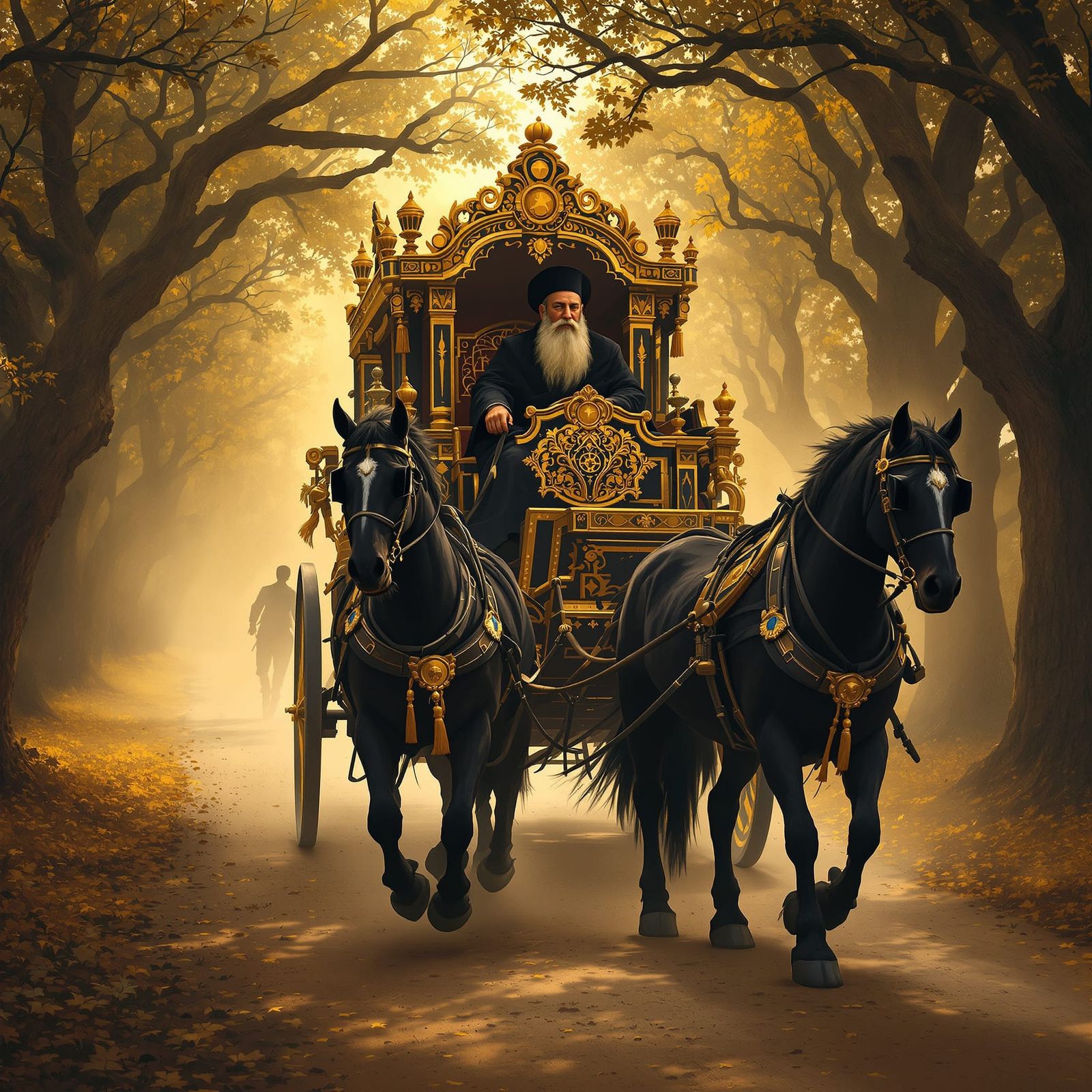 Rebbe of Sanz on Ornate Carriage in Folk Art Style