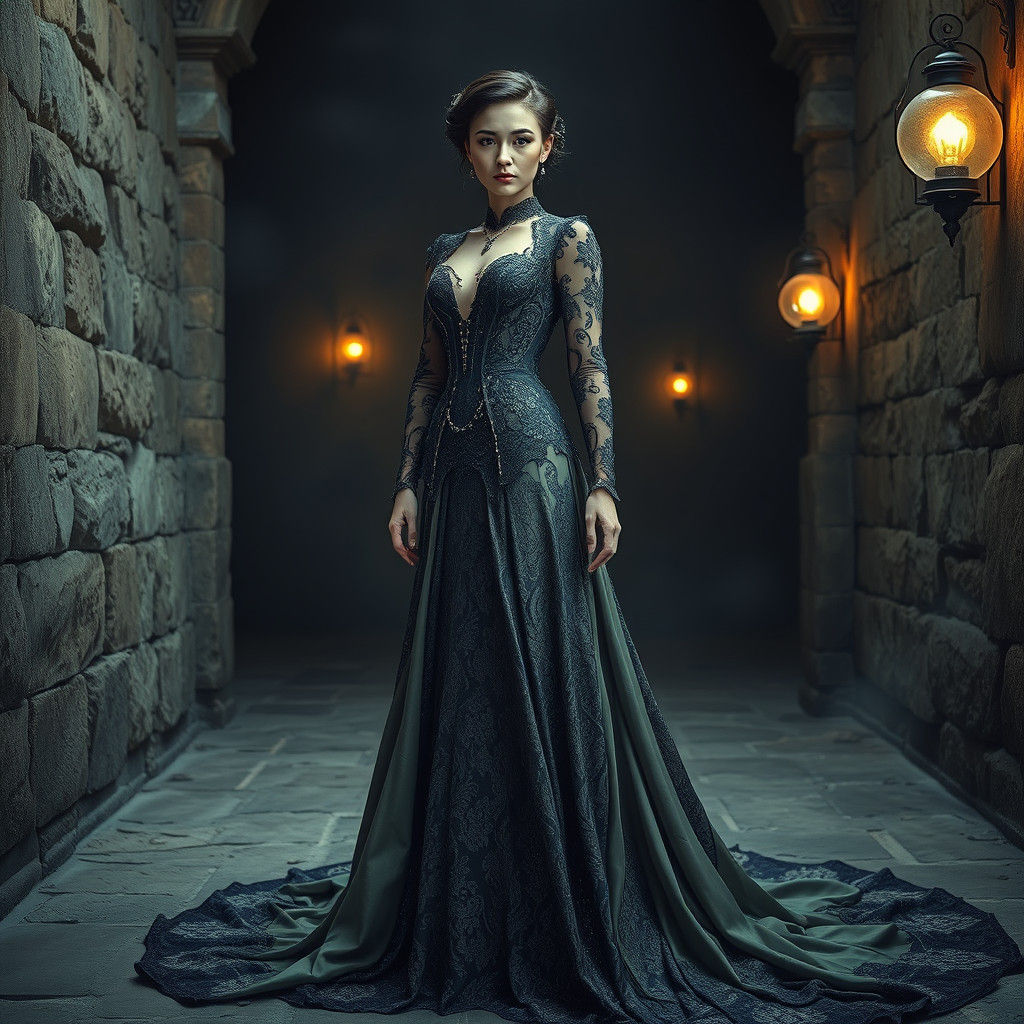 Woman in Futuristic Edwardian Gown, Steampunk Aesthetic