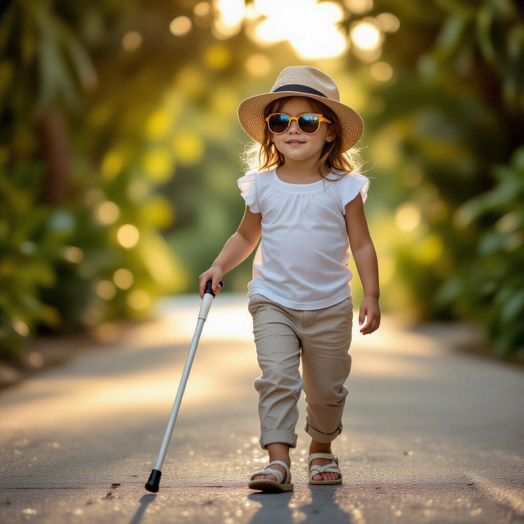 Blind Girl Navigates Path with White Cane