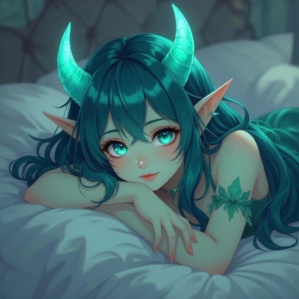 Anime Demon Girl with Green Skin and Teal Hair on Bed