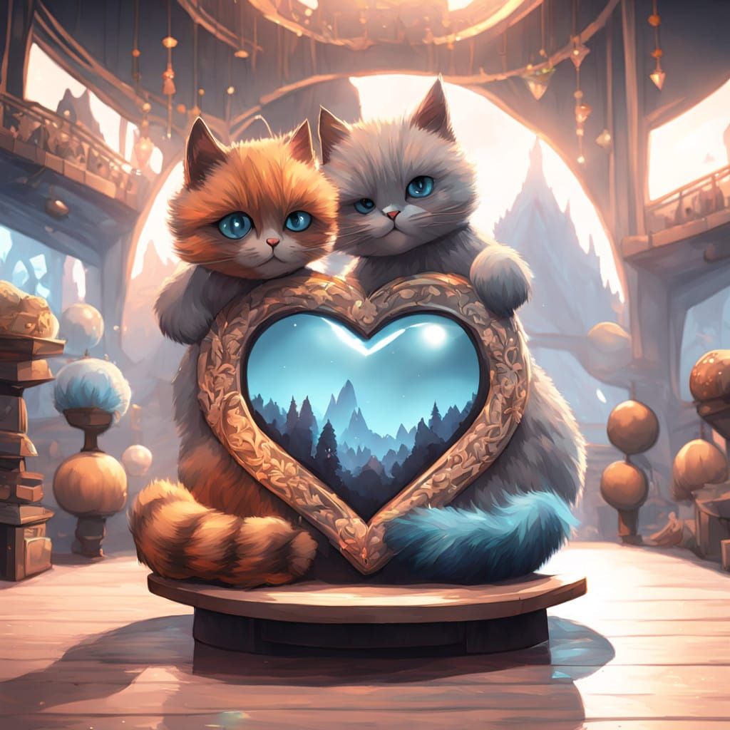 Cuddling Cats in Whimsical Heart-Shaped Haven