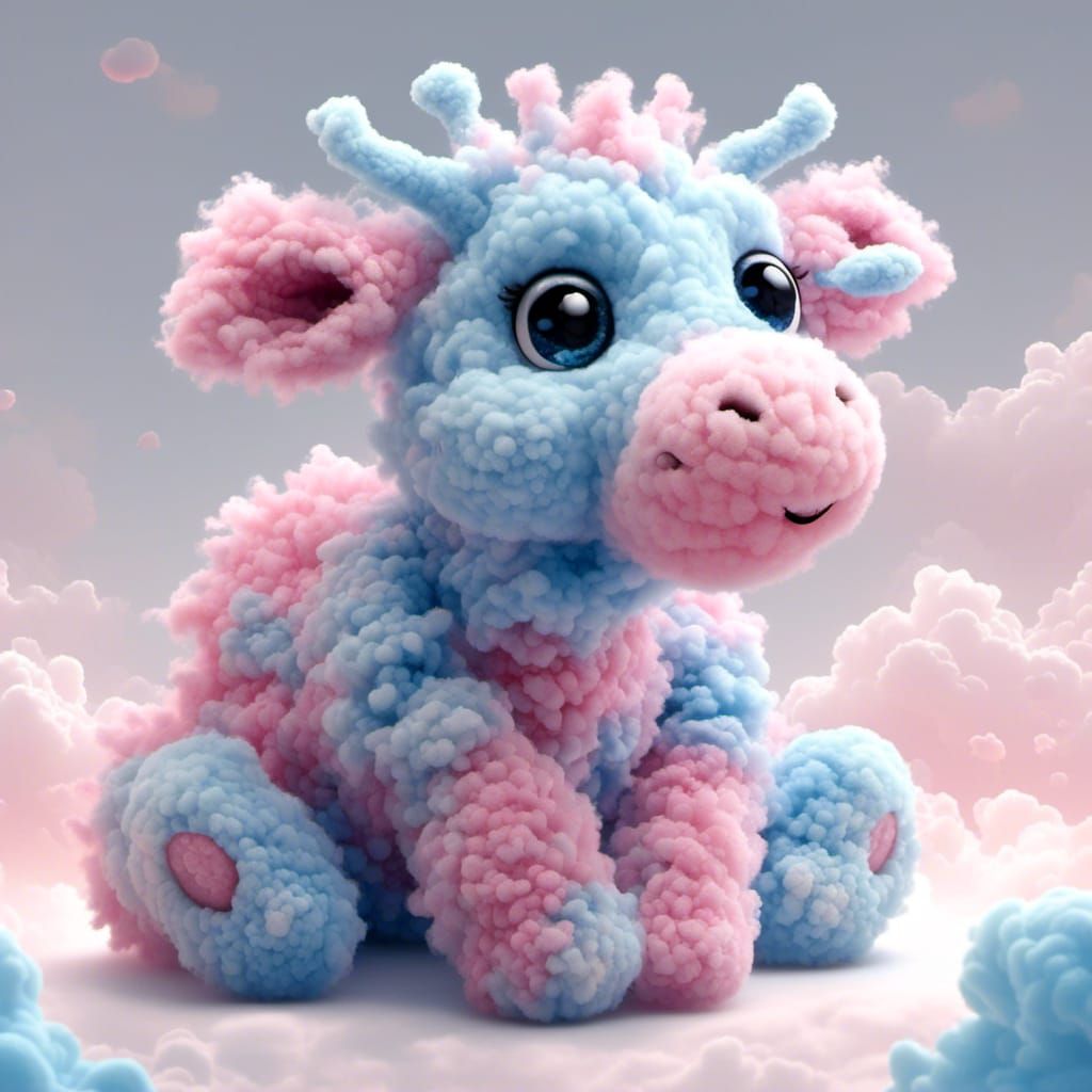 Fluffy Pink and Blue Chibi Cloud Giraffe