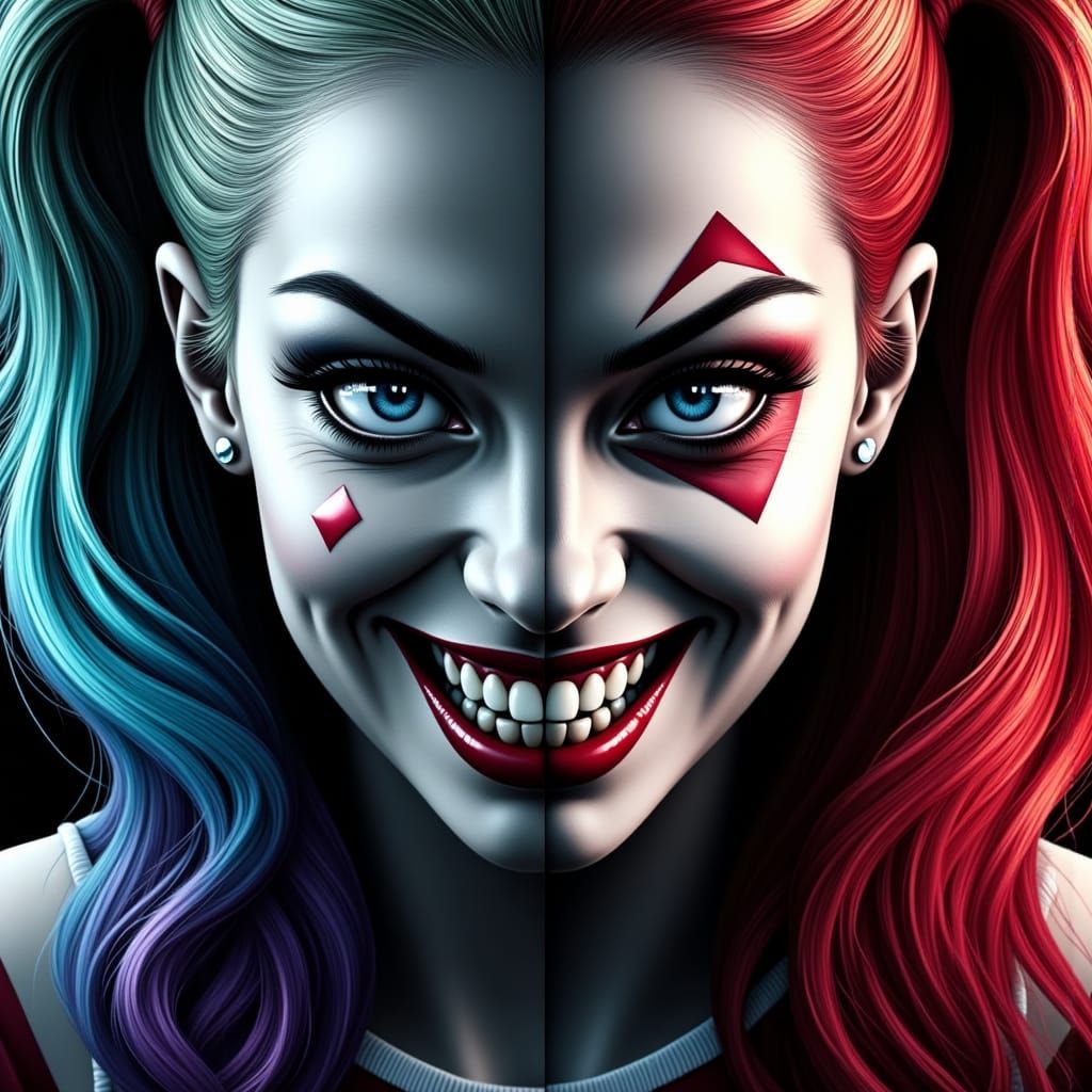 Harley Quinn's Dual Nature: Vibrant Smile vs. Angry Grayscal...