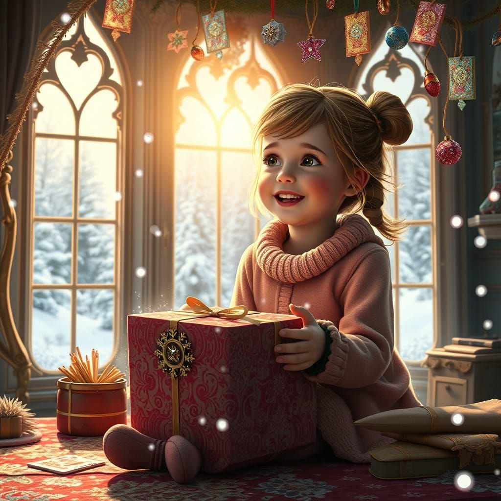 Girl in Snowy Room Opening Gift Box