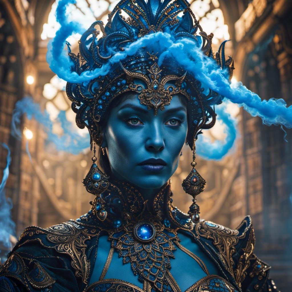 Enchanting Sorceress in Blue Smoke: Hyperrealistic Portrait