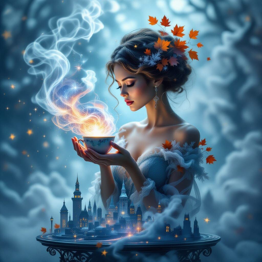 Mystical Woman Creates Galaxy in Autumn Leaves Style