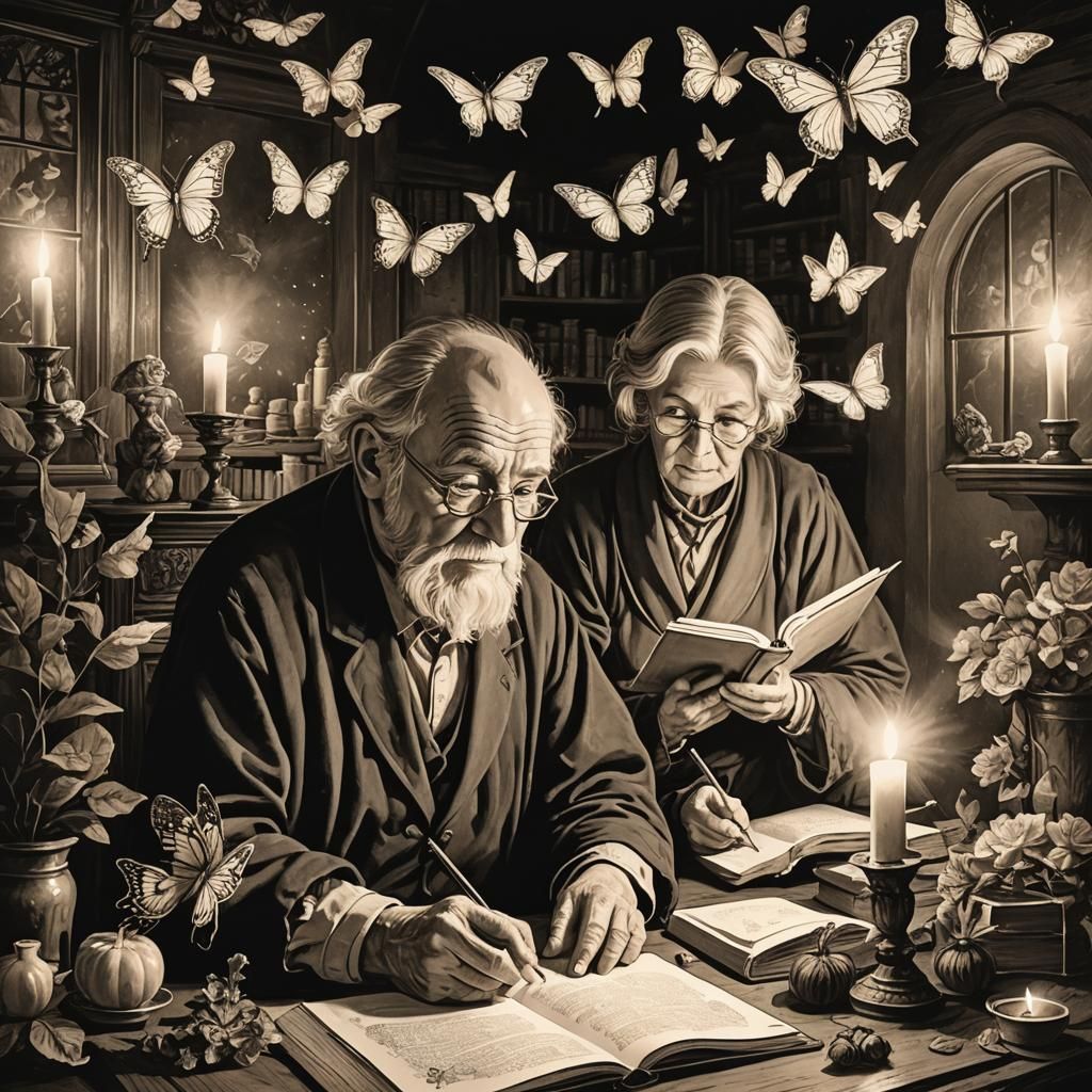 Butterflies Surround Sages Writing by Candlelight