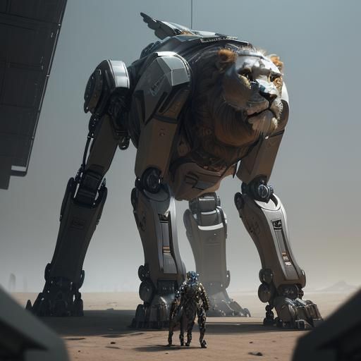 Robotic Lions in Futuristic Sci-Fi Landscape