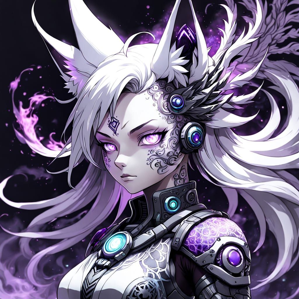 Cyberpunk Nine-Tailed Fox Spirit with Tattoos