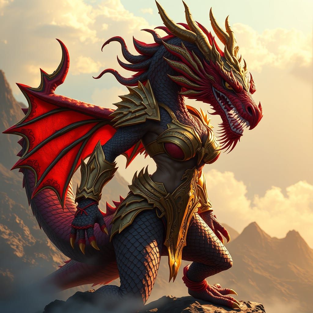 Dragon Warrior on Volcanic Peak at Dawn