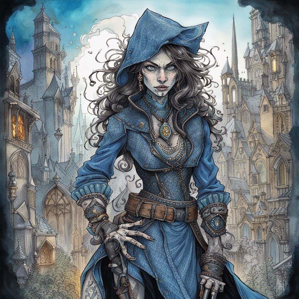 Ornate Portrait of a Female Troll Rogue in Whimsical Style