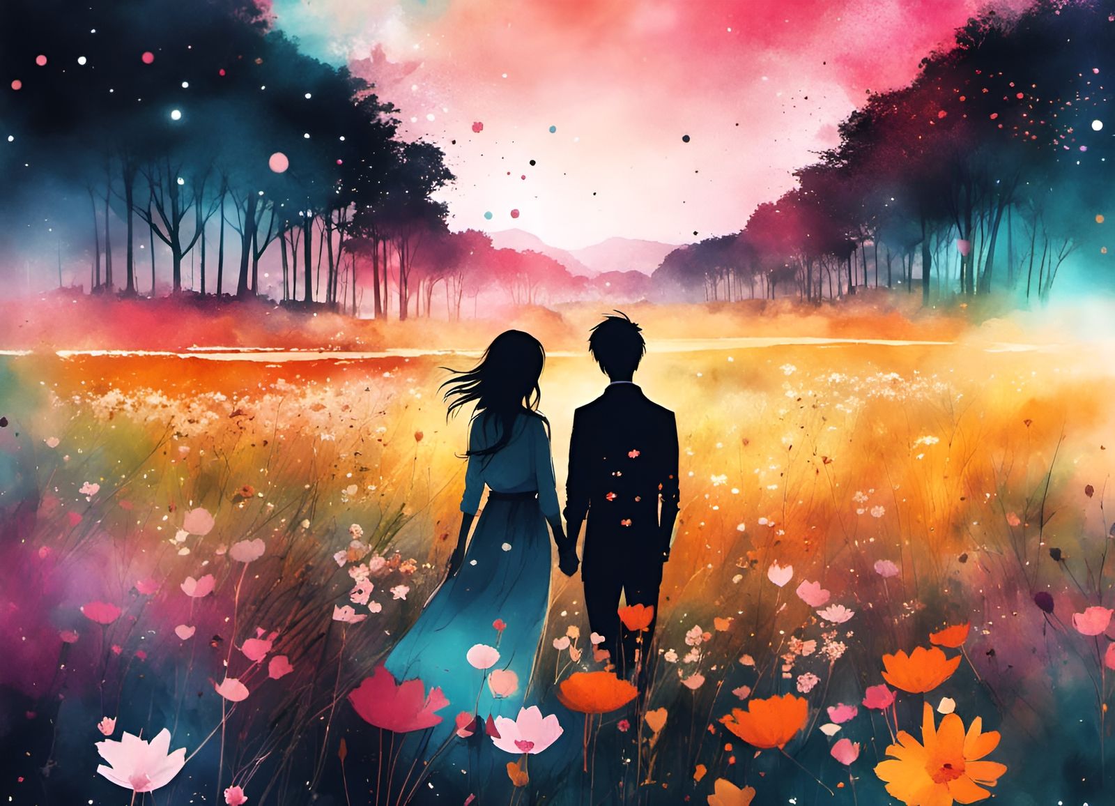 Romantic Anime Couple Portrait in Watercolor Style