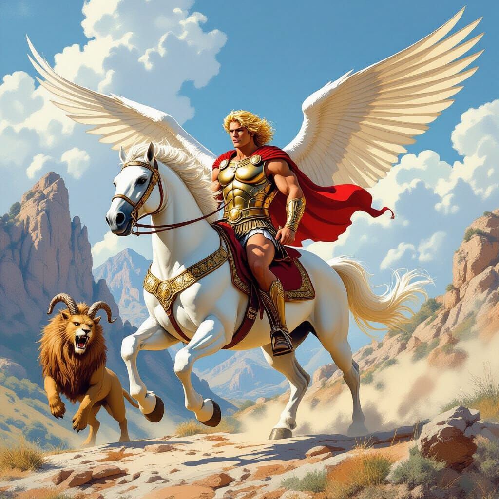 Heroic Warrior Fights Chimera on Winged Horse