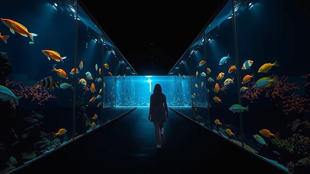 Woman Strolls Surreal Aquarium Alleyway at Night