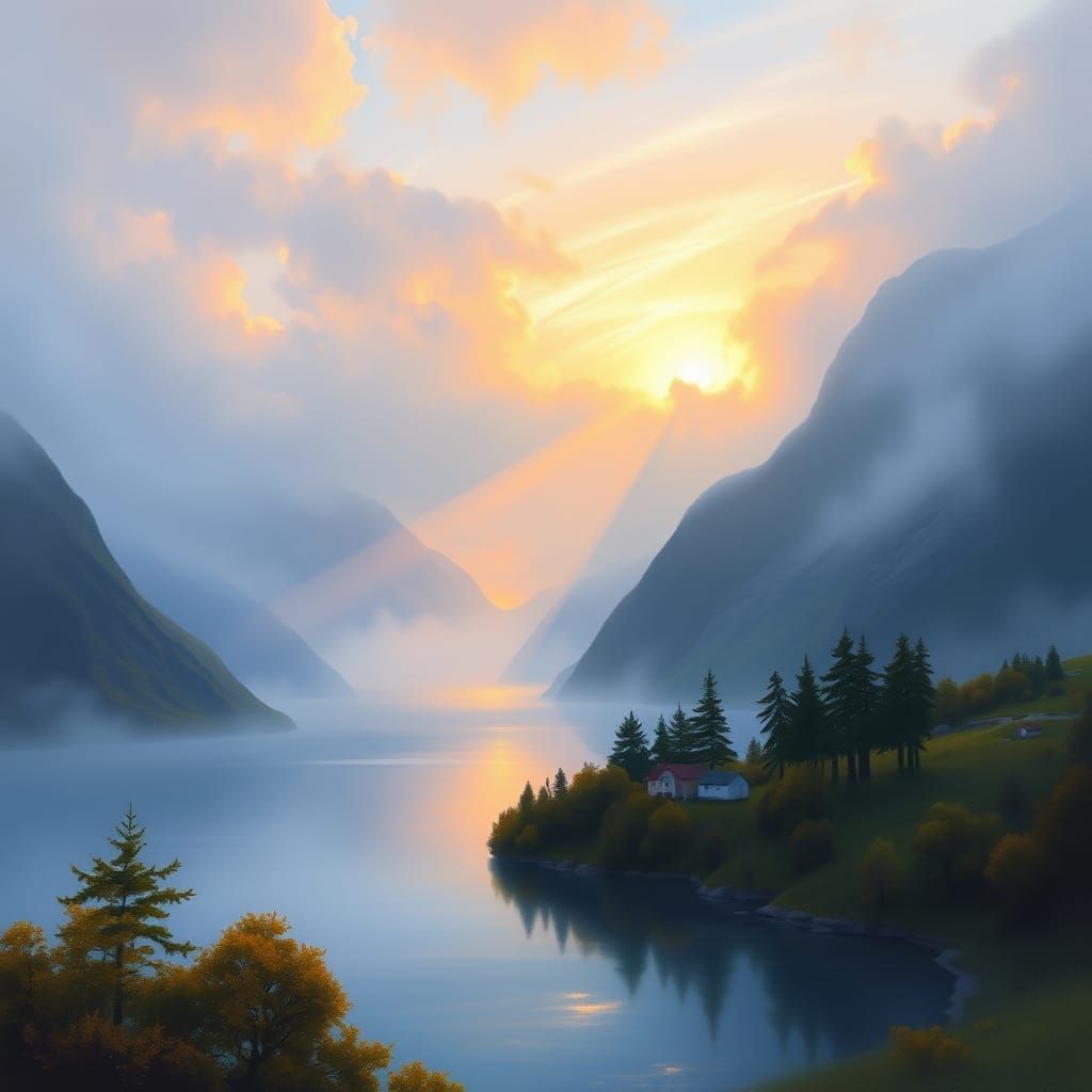 Norwegian Fjord Sunset in Romantic Style