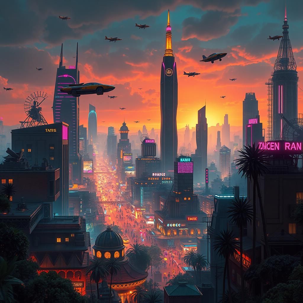 Afrofuturistic Cyberpunk Cityscape with Neon Lights