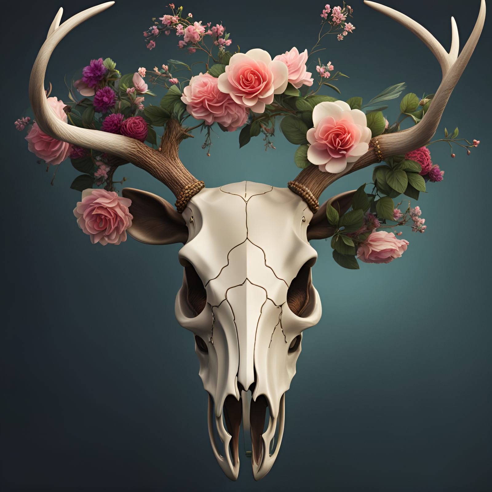 Deer skull with antlers and flowers