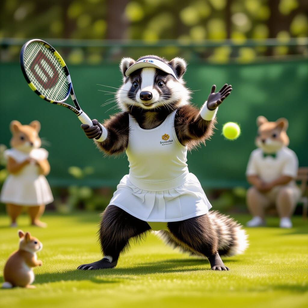 Badger Plays Tennis in Whimsical Hyperrealism