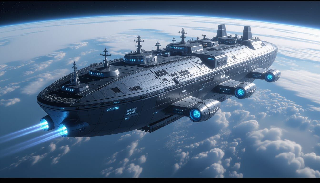 Colossal Spaceship Orbits Earth with Blue Engine Glow
