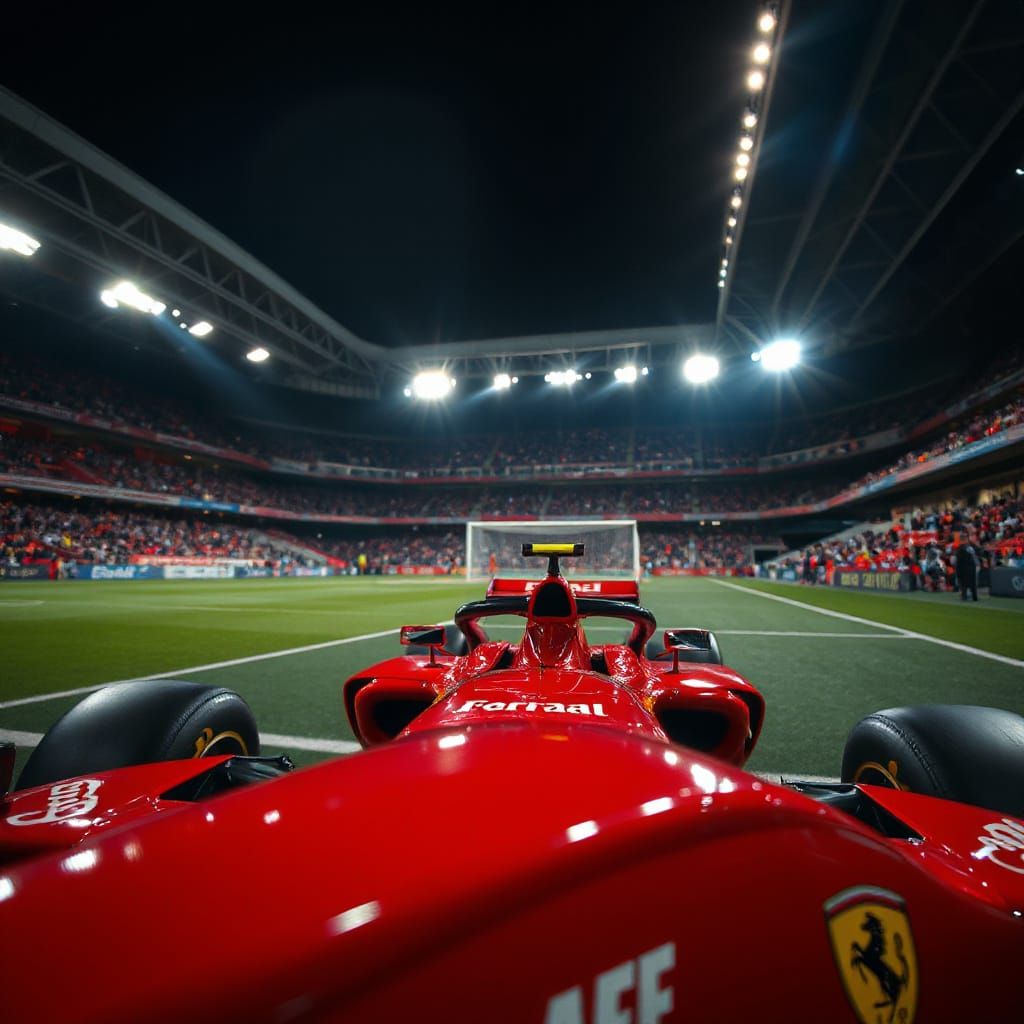 Surreal Stadium Scene with Ferrari F1 Car and Football Playe...