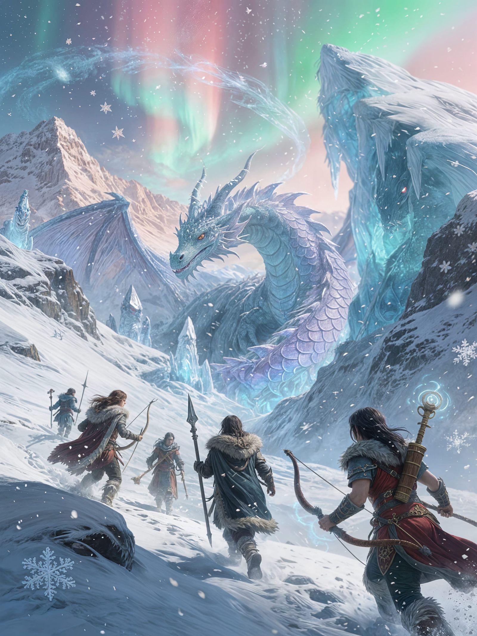 Adventurers Hunt Ice Dragon in Snowy Mountains - Fantasy Mat...