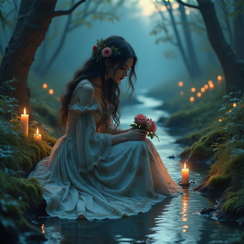 A melancholic woman sitting by a mystical stream at twilight, wearing a tattered, sparkling gown adorned with intricate ...