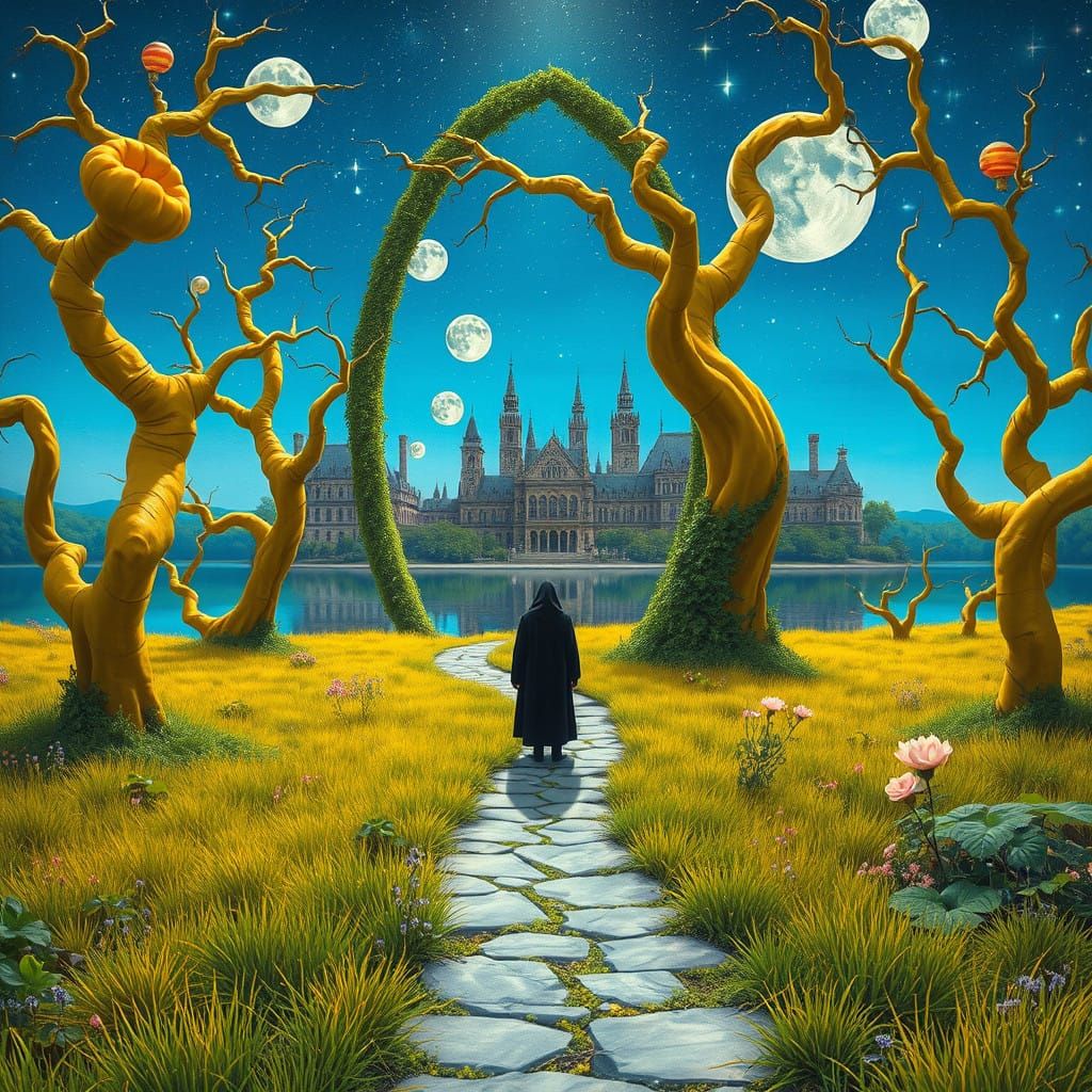 Ethereal Landscape with Yellow Trees and Celestial Sights