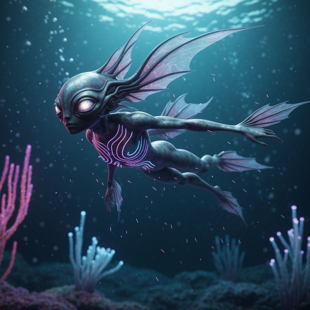 Iridescent Aquatic Being in a Biomechanical Landscape