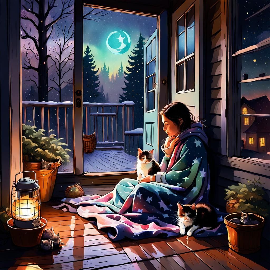 Ethereal Watercolor: Girl with Kittens on Porch