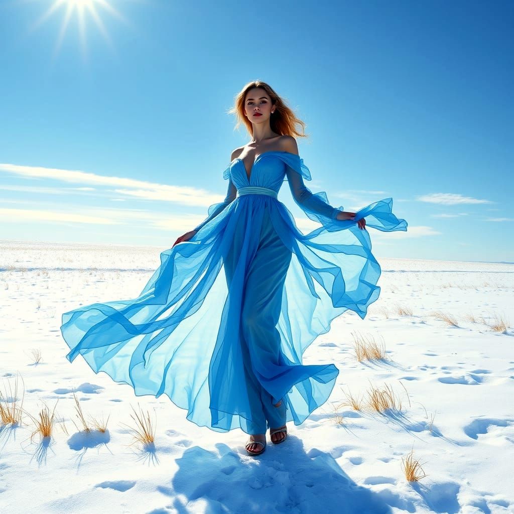 Ethereal Blue-Hued Woman in Serene Snowy Landscape