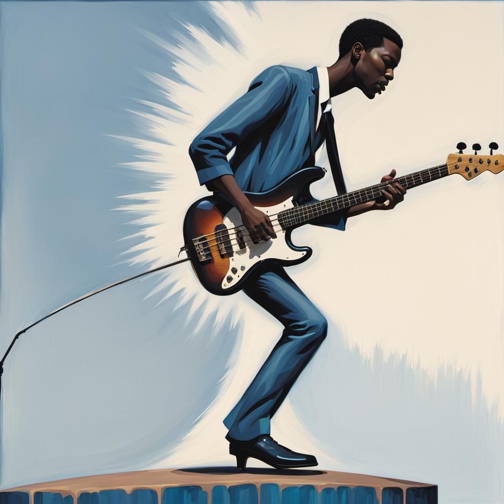 Bass Guitarist on Stage with Electric Sound Waves