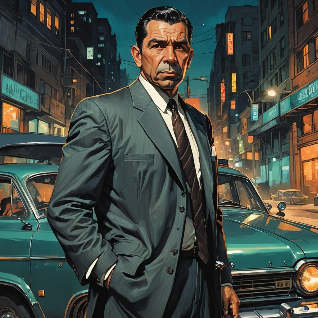 Detective in Gritty Cityscape, Art Nouveau Style