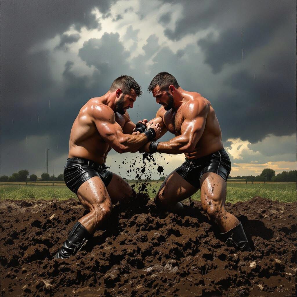 Gritty Hyperrealism: Men Wrestle in Manure Under Stormy Sky