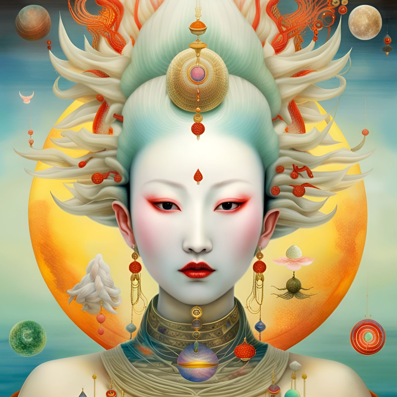 Guanyin in Surreal Watercolour Painting with Cosmic Symbols