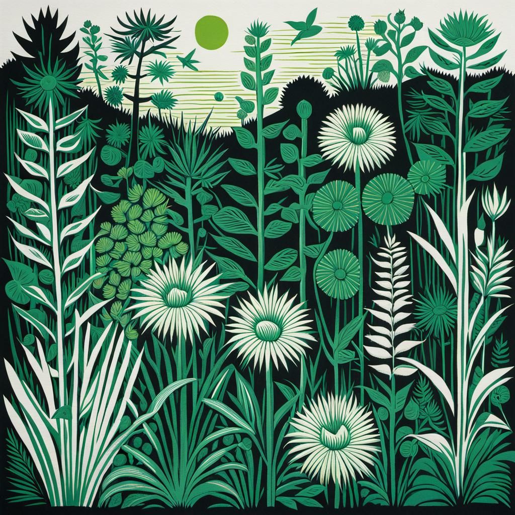 Lush Garden Scene in Linocut Print Style