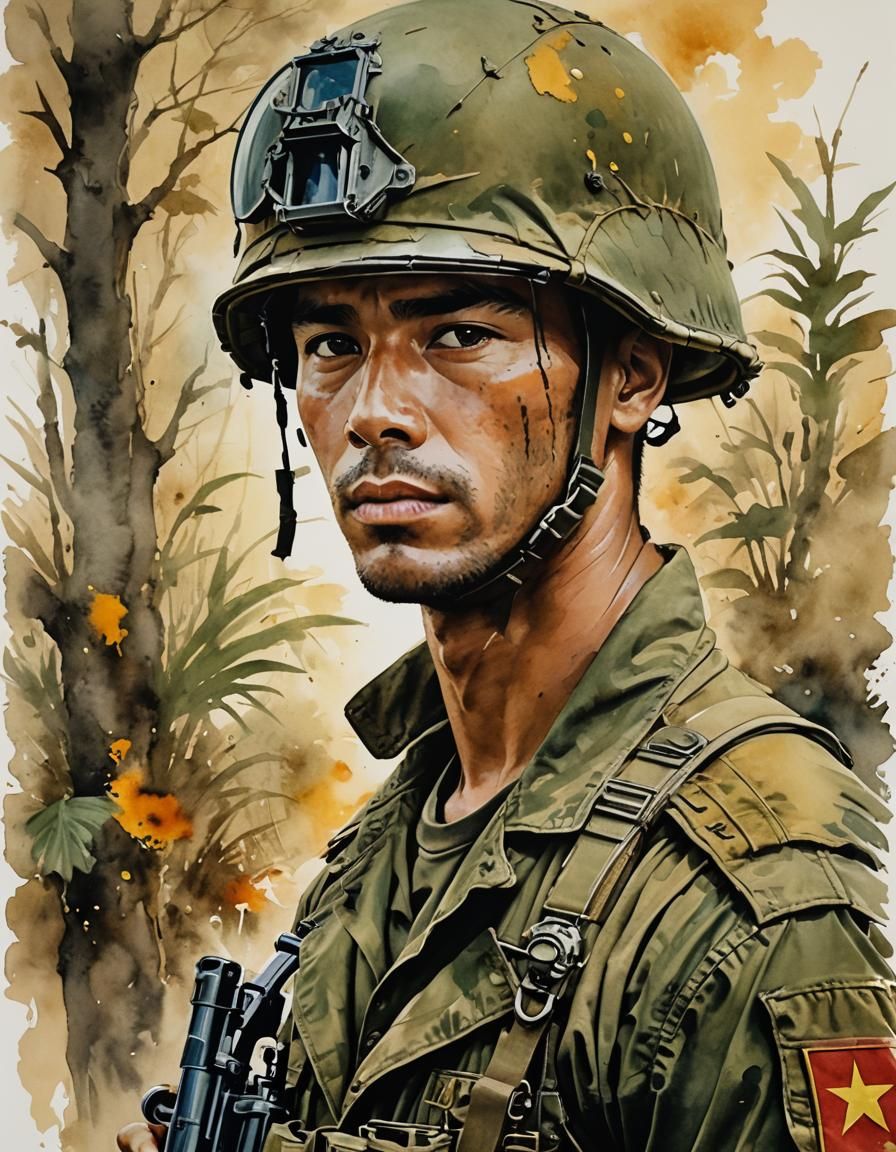 a piece of artwork depicting an American soldier from 1960’s...