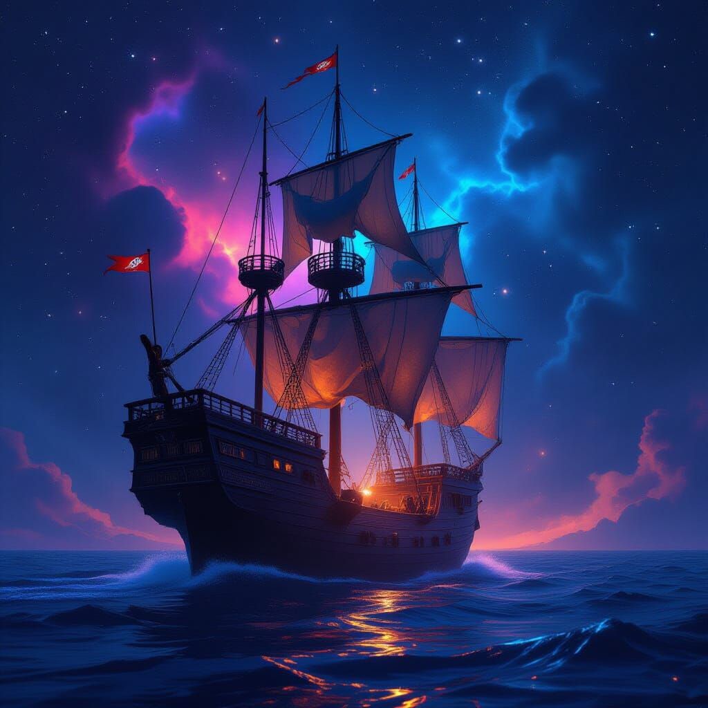 Bioluminescent Galleon Sails Through Alien Nebula