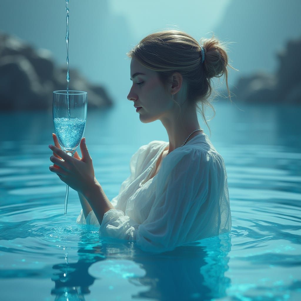 Woman Holding Glass as Water Rises: Dreamy Art