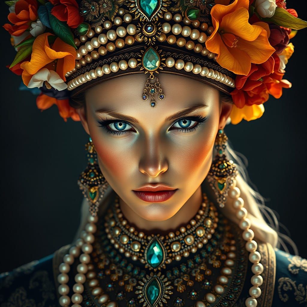 Regal Fantasy Queen in Opulent Attire with Piercing Blue Eye...