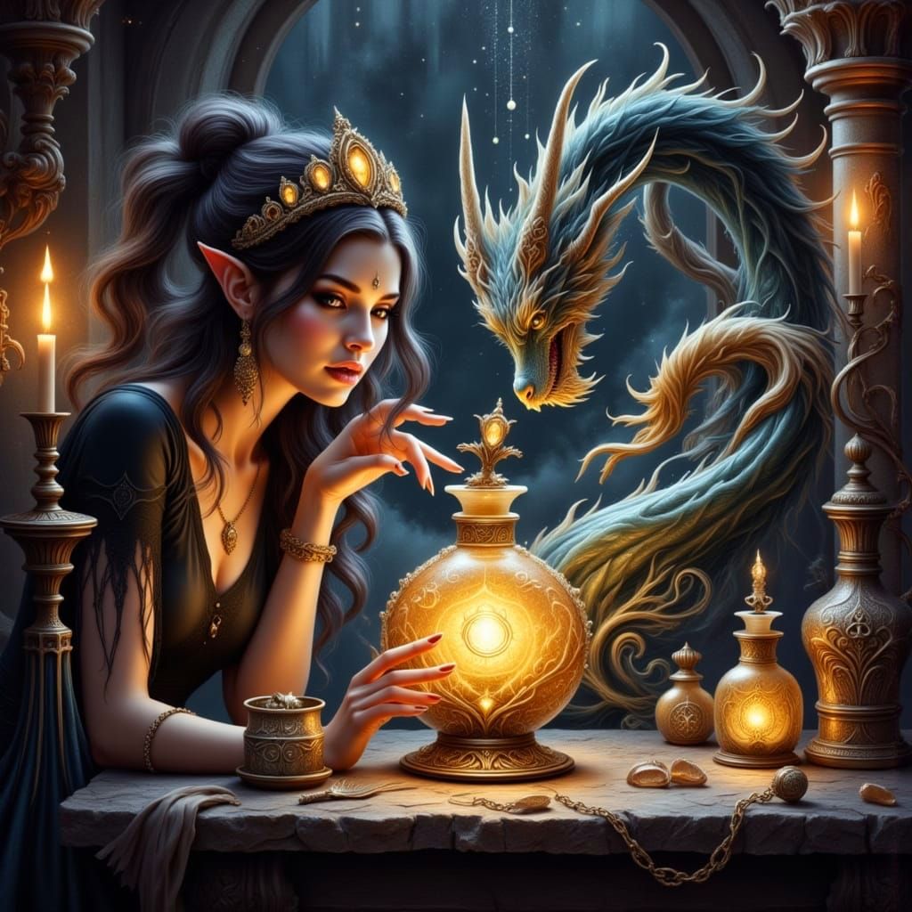 Gothic Witch Watches as Ethereal Dragon Emerges from Potion