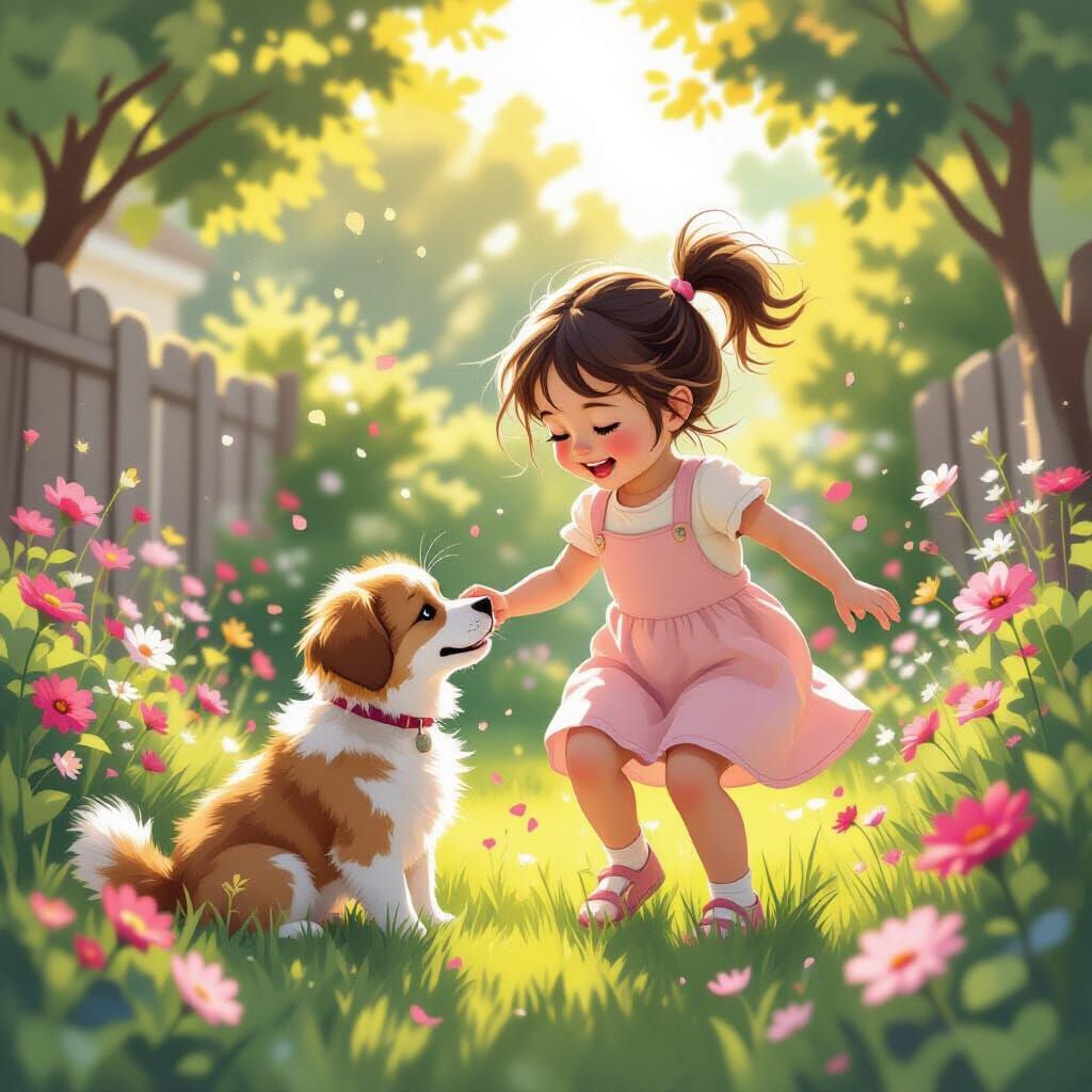 Girl and Dog Playing in a Sunny Flower Garden