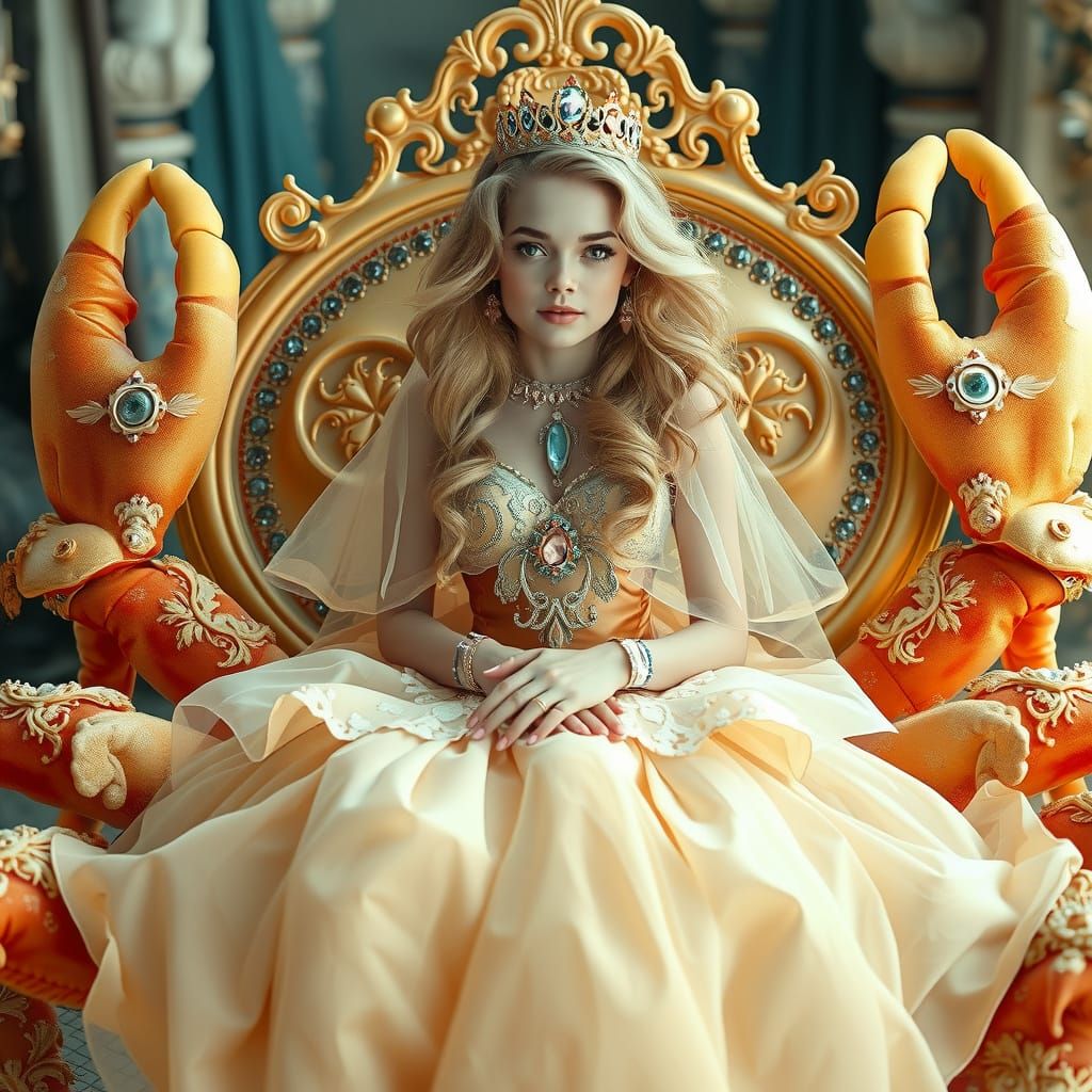 Woman on Plush Crab Throne: Dreamy Fantasy Art